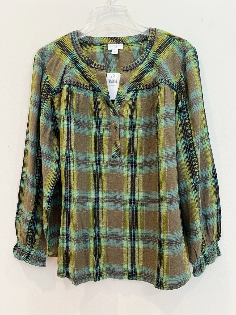 J Jill Top Womens 2X Green Plaid Embroidered Peasant Tunic Blouse Boho Flowy